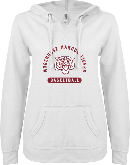 Morehouse College ENZA Womens V Notch Raw Edge Fleece Hoodie Basketball - ONLINE ONLY
