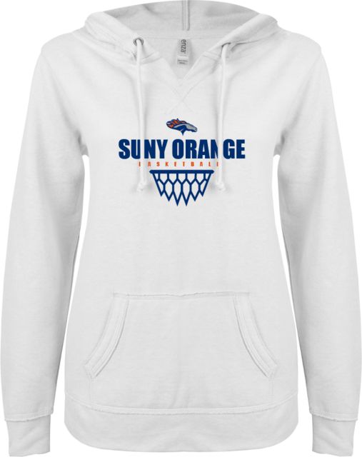 SUNY County CC ENZA Ladies V Notch Raw Edge Fleece Hoodie Basketball Design - ONLINE ONLY