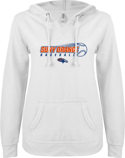 SUNY County CC ENZA Ladies V Notch Raw Edge Fleece Hoodie Baseball Design - ONLINE ONLY