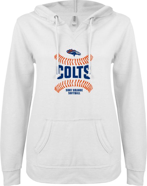 SUNY County CC ENZA Ladies V Notch Raw Edge Fleece Hoodie Softball Design - ONLINE ONLY