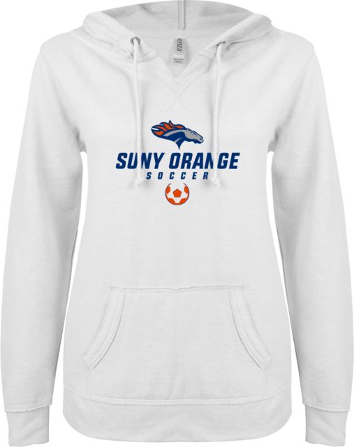 SUNY County CC ENZA Ladies V Notch Raw Edge Fleece Hoodie Soccer Design - ONLINE ONLY