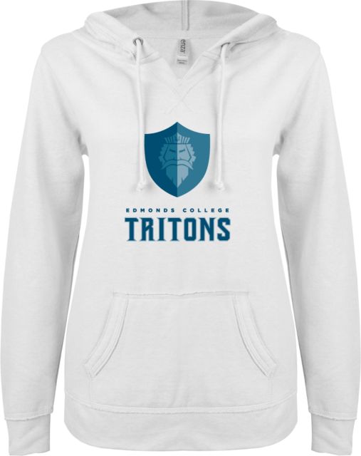 Edmonds College ENZA Womens V Notch Raw Edge Fleece Hoodie Edmonds College Mascot Mark - ONLINE ONLY