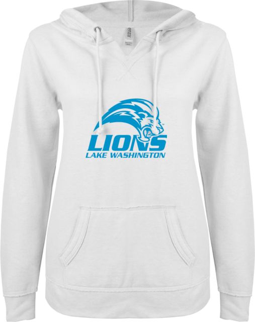 Lake Washington ENZA Womens V Notch Raw Edge Fleece Hoodie Lake Washington Mascot Mark - ONLINE ONLY