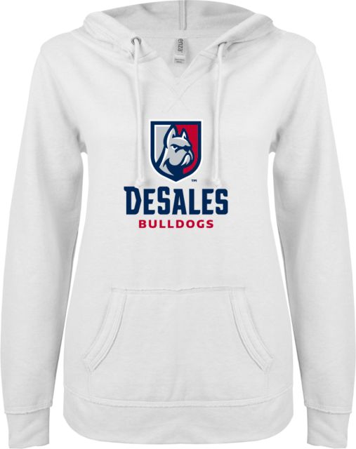 DeSales ENZA Ladies V Notch Raw Edge Fleece Hoodie Primary Logo - ONLINE ONLY