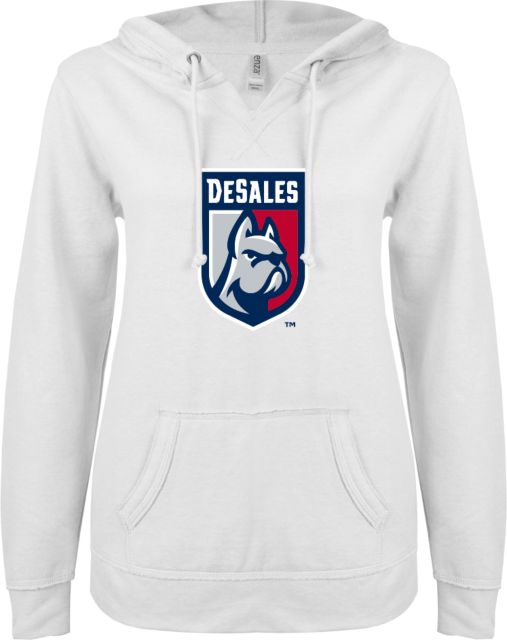 DeSales ENZA Ladies V Notch Raw Edge Fleece Hoodie Desales Shield w/ Bulldog - ONLINE ONLY