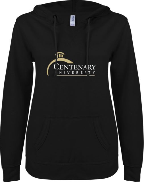 Centenary Univ ENZA Womens V Notch Raw Edge Fleece Hoodie Centenary University Logo - ONLINE ONLY