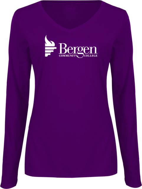 Bergen CC Womens Long Sleeve V Neck Tee  Bergen Community College Wordmark - ONLINE ONLY