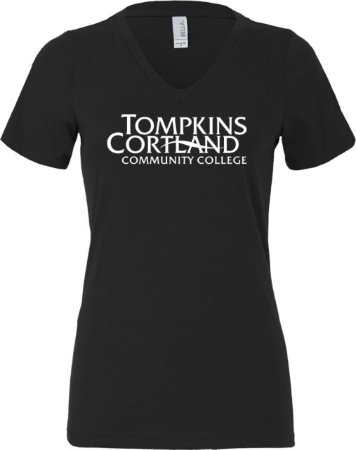 Tompkins Cortland Bella + Canvas Womens V Neck Cotton T Shirt Tompkins Cortland Community College - Primary Word Mark - ONLINE ONLY