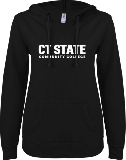Connecticut ENZA Womens V Notch Raw Edge Fleece Hoodie CT State Community College Wordmark - ONLINE ONLY
