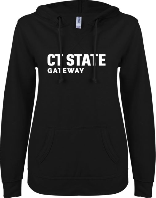 Connecticut ENZA Womens V Notch Raw Edge Fleece Hoodie CT State Gateway Wordmark - ONLINE ONLY