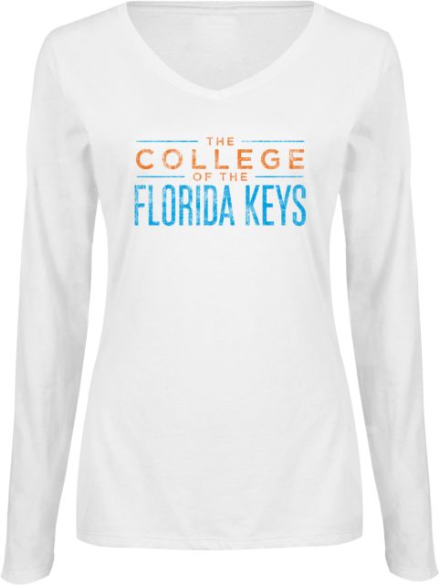 College of the Florida Keys Womens Long Sleeve V Neck Tee White The College of the Florida Keys Distressed - ONLINE ONLY