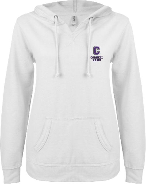 Cornell College ENZA Womens V Notch Raw Edge Fleece Hoodie Cornell Rams Stacked - ONLINE ONLY