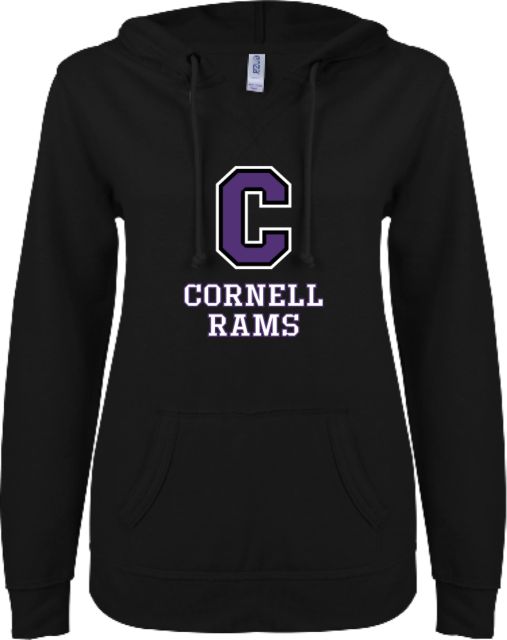 Cornell College ENZA Womens V Notch Raw Edge Fleece Hoodie Cornell Rams Stacked - ONLINE ONLY