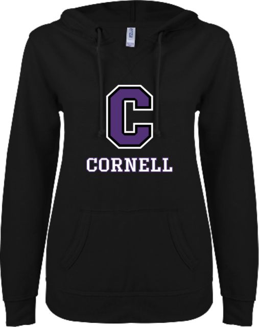 Cornell College ENZA Womens V Notch Raw Edge Fleece Hoodie Corell C Verticle - ONLINE ONLY
