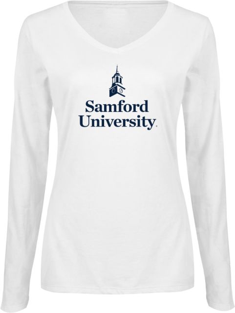 Samford Ladies Long Sleeve V Neck Tee Bell Tower Logo Stacked - ONLINE ONLY