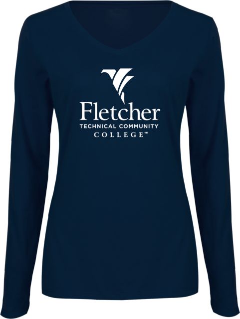 Fletcher Tech Ladies Long Sleeve V Neck Tee Stacked Logo - ONLINE ONLY