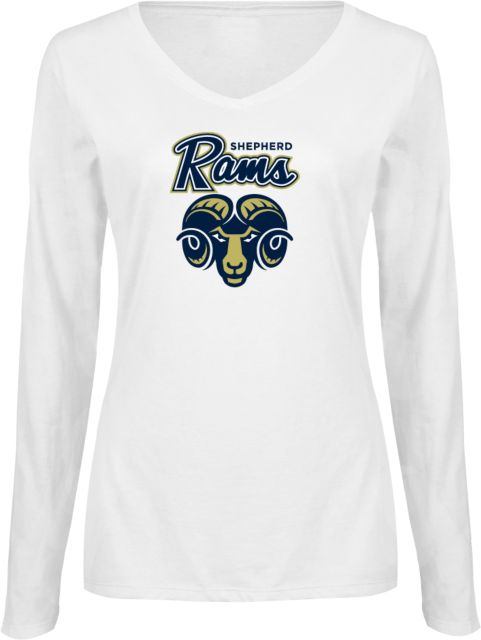 Shepherd Womens Long Sleeve V Neck Tee White Ram Script with Head - ONLINE ONLY