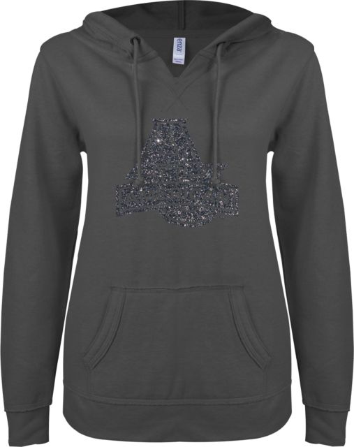 American University ENZA Ladies Dark Heather V Notch Raw Edge Fleece Hoodie Graphite Soft Glitter - ONLINE ONLY