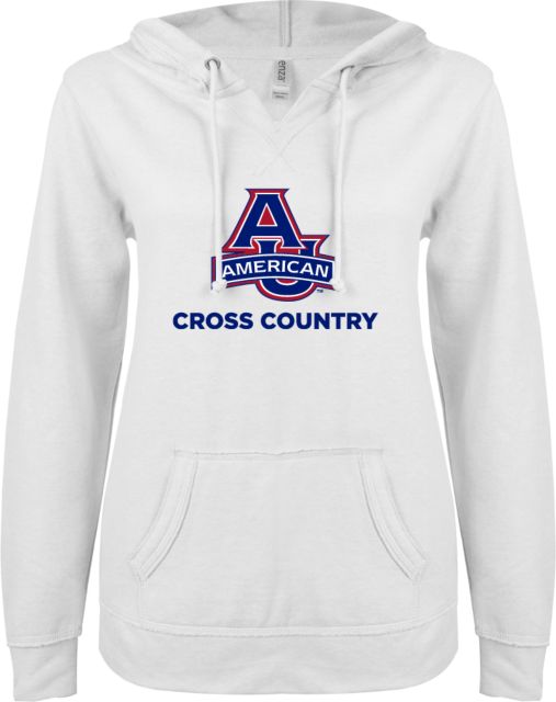American University ENZA Ladies V Notch Raw Edge Fleece Hoodie Cross Country - ONLINE ONLY