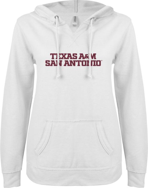 Texas A&M San Antonio ENZA Womens V Notch Raw Edge Fleece Hoodie Texas A&M San Antonio Wordmark Stacked - ONLINE ONLY