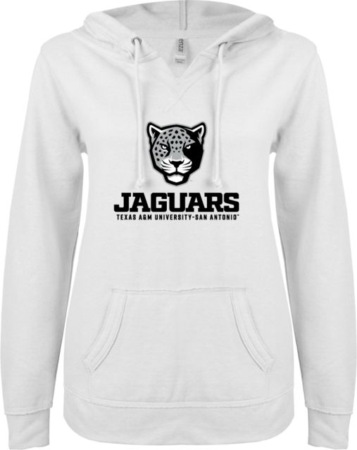 Texas A&M San Antonio ENZA Womens V Notch Raw Edge Fleece Hoodie Texas A&M University San Antonio Jaguars Wordmark Stacked - ONLINE ONLY
