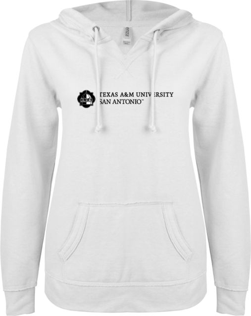 Texas A&M San Antonio ENZA Womens V Notch Raw Edge Fleece Hoodie Texas A&M University San Antonio Wordmark Horizontal - ONLINE ONLY