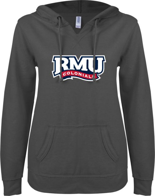 Robert Morris ENZA Womens V Notch Raw Edge Fleece Hoodie RMU Colonials