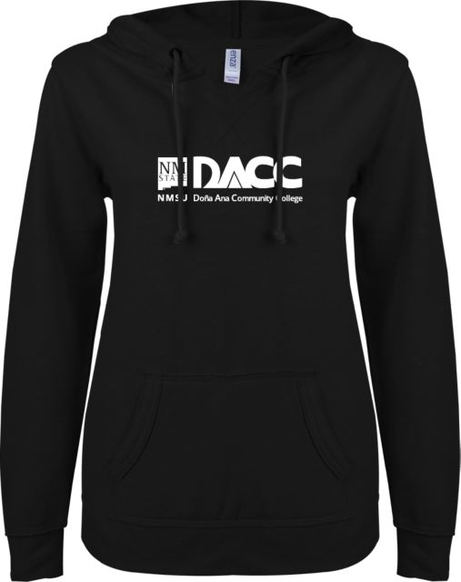 Dona Ana ENZA Womens V Notch Raw Edge Fleece Hoodie Dona Ana Community College Wordmark w NMSU Logo