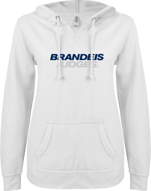 Brandeis ENZA Womens V Notch Raw Edge Fleece Hoodie Brandeis Judges Wordmark - ONLINE ONLY