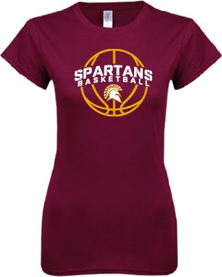 St Thomas Aquinas Next Level Ladies SoftStyle Junior Fitted Tee Spartans Basketball Arched w/ Ball - ONLINE ONLY