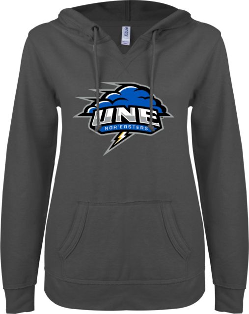 New England ENZA Womens V Notch Raw Edge Fleece Hoodie Primary Athletics Mark - ONLINE ONLY