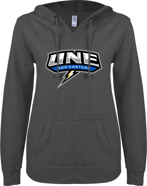 New England ENZA Womens V Notch Raw Edge Fleece Hoodie UNE w Bolt - ONLINE ONLY
