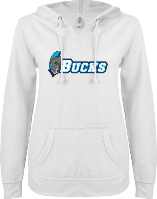 Bucks CCC ENZA Womens V Notch Raw Edge Fleece Hoodie Bucks Mascot Wordmark - ONLINE ONLY