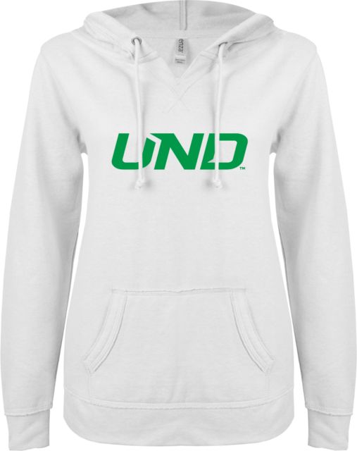 University of North Dakota ENZA Womens V Notch Raw Edge Fleece Hoodie UND Secondary Mark