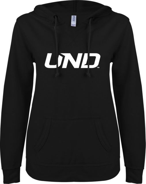 University of North Dakota ENZA Womens V Notch Raw Edge Fleece Hoodie UND Secondary Mark