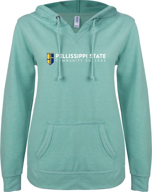 Pellissippi ENZA Womens Seaglass V Notch Raw Edge Fleece Hoodie Pellissippi State Community College Logo - ONLINE ONLY