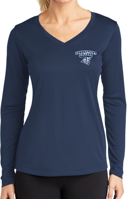 Connecticut College Womens Performance Long Sleeve V Neck Shirt Primary Mark - ONLINE ONLY