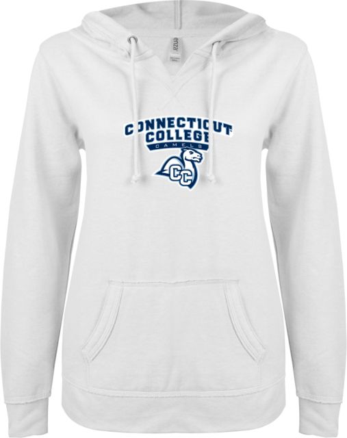 Connecticut College ENZA Womens V Notch Raw Edge Fleece Hoodie Primary Mark - ONLINE ONLY