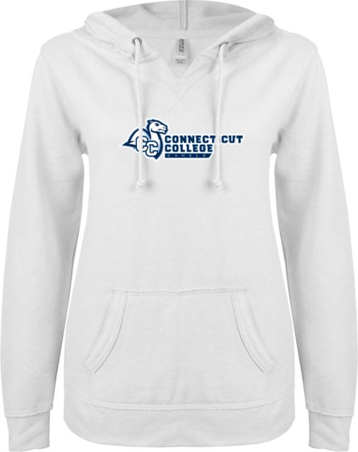 Connecticut College ENZA Womens V Notch Raw Edge Fleece Hoodie Primary Mark Flat - ONLINE ONLY