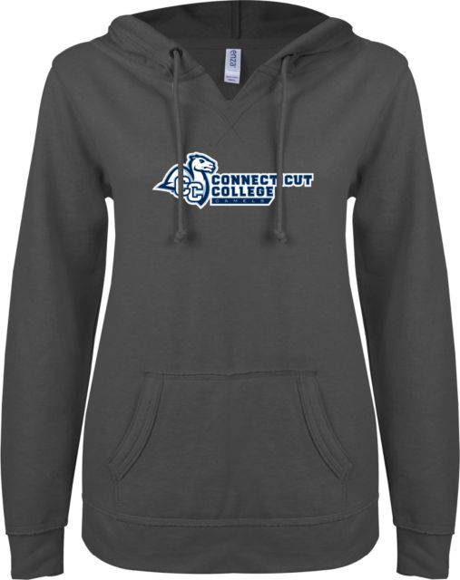 Connecticut College ENZA Womens V Notch Raw Edge Fleece Hoodie Primary Mark Flat - ONLINE ONLY