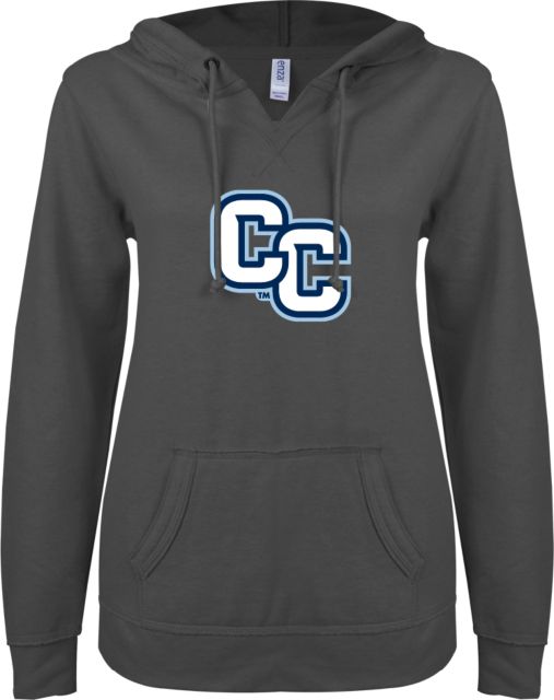 Connecticut College ENZA Womens V Notch Raw Edge Fleece Hoodie Interlocking CC - ONLINE ONLY