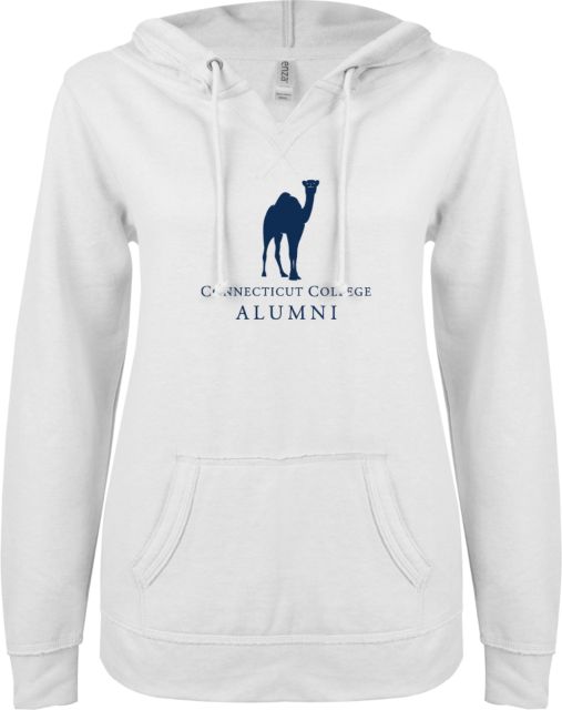 Connecticut College ENZA Womens V Notch Raw Edge Fleece Hoodie Vintage Camel Alumni - ONLINE ONLY