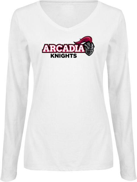 Arcadia Womens Long Sleeve V Neck Tee White Official Logo - ONLINE ONLY