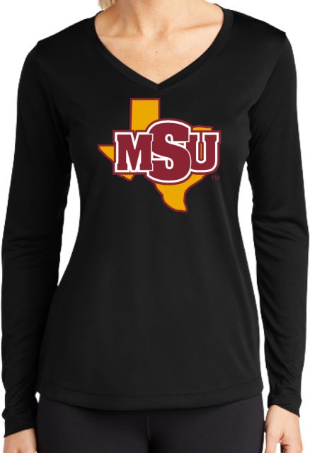 Midwestern State Womens Performance Long Sleeve V Neck Shirt MSU Logo - ONLINE ONLY