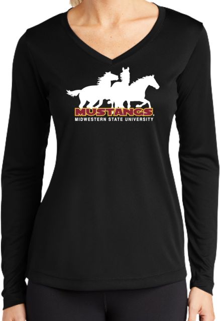 Midwestern State Womens Performance Long Sleeve V Neck Shirt MSU Mustangs Silhouette - ONLINE ONLY