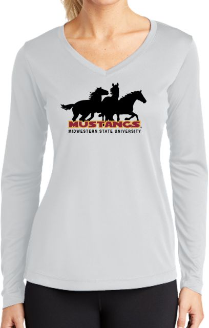 Midwestern State Womens Performance Long Sleeve V Neck Shirt MSU Mustangs Silhouette - ONLINE ONLY