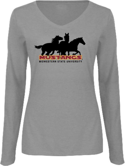Midwestern State Womens Long Sleeve V Neck Tee  MSU Mustangs Silhouette - ONLINE ONLY