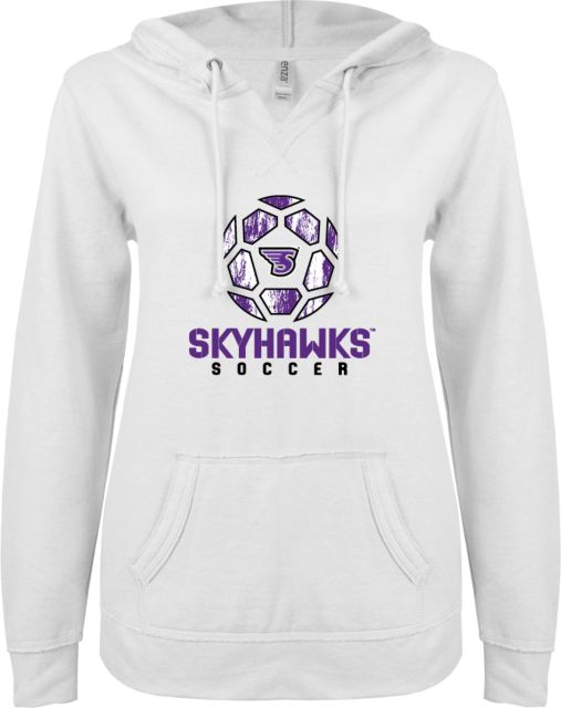 Stonehill ENZA Ladies V Notch Raw Edge Fleece Hoodie Distressed Soccer Ball Design - ONLINE ONLY