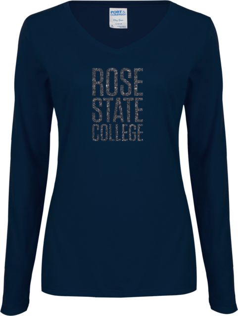 Rose State Ladies Long Sleeve V Neck Tee Primary Mark Soft Glitter - ONLINE ONLY