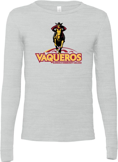 Glendale CC Bella + Canvas Jersey Cotton Long Sleeve T Shirt Glendale Community College Vaqueros Wordmark with Mascot - ONLINE ONLY
